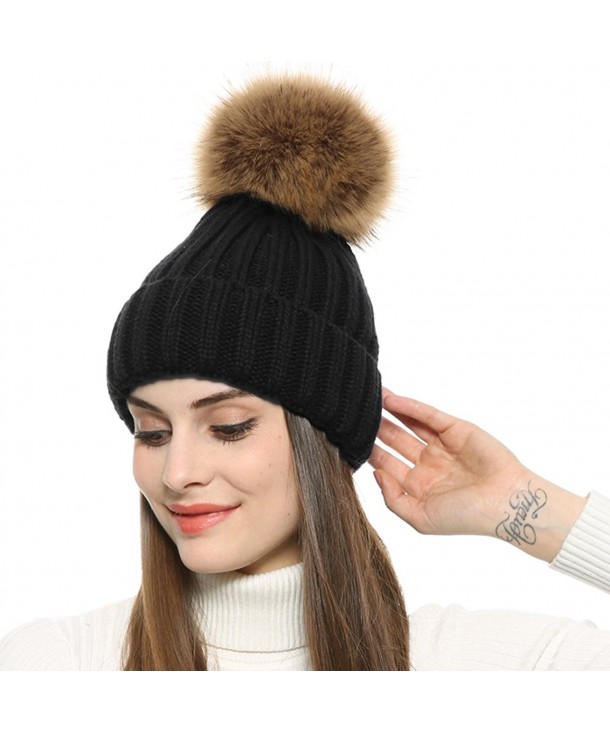 Dikoaina Womens Girls Winter Fur Hat Large Faux Fur Pom Pom Beanie Winter Hats - Black - CN189X02RSQ