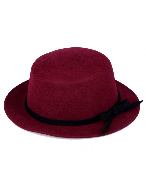 VBIGER Bowler Hat Fedora Woolen Hats Flat Brim Derby Hats For Women - Wine Red - C7125E5SWVV