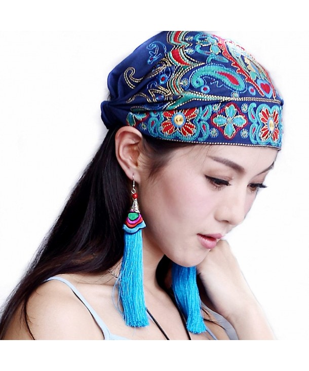 TURBANS For Women- Elegant Embroidered Elastic Turban Hat Head Scarf Chemo Caps - Blue - CL12FS8T9HP