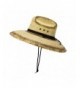 Natural Palm Leaf Straw Super Wide Brim Lifeguard Hat with Chin Strap- Flex Fit - Burnt Stain - C1184ZAG6MC