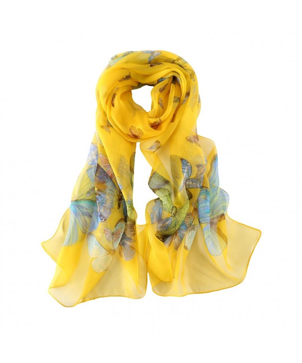 Long Georgette Silk Scarf Butterfly Print - Yellow - CC12OB1GPQW