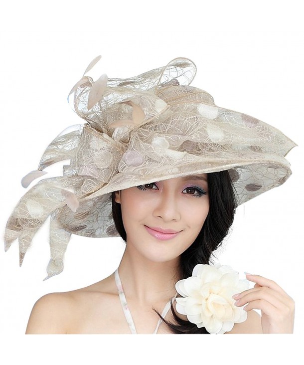 June's Young Women Hat Sun Hat Paillette Wide Brim Organza Feather - Champagne - CS11OIBH8RH