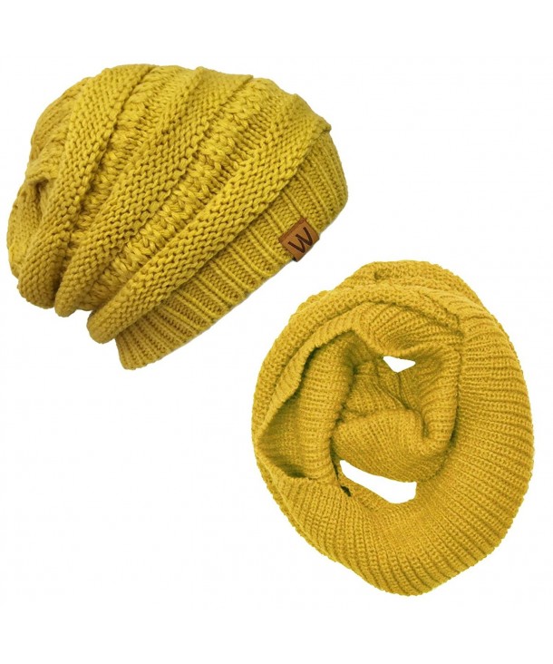 ALLYDREW Thick Knitted Winter Infinity Circle Scarf and Slouchy Beanie Set - Mustard - CT12KOHVM8J