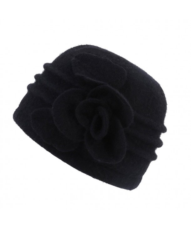Dantiya Women's Winter Warm Wool Cloche Bucket Hat Slouch Wrinkled Beanie Cap With Flower - Black - C3186AO6KQS