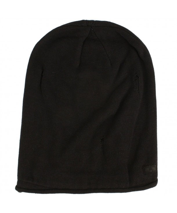 Men's Winter Distress 2ply Knit Lined Slouchy Big Beanie Skull Ski Hat Cap - Black - CU11H5D4BLL