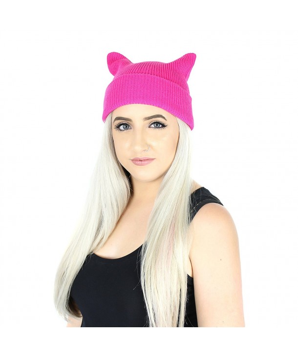 Elliott and Oliver Co. Girl Power Kitty Cat Ears Beanie Knit Hat Warm Knitted Winter Cap With Cuff - Hot Pink - C0186H9IX52