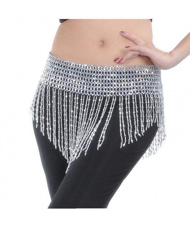 ZYZF Beaded Elastic Waist Rave Belly Dance Skirt Hip Scarf Costume - Silver - CA12G7AVKGF