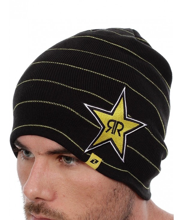 Rockstar Energy Drink Men's One Industries Stripes Beanie Hat Cap - Black - CN128UYXEV1