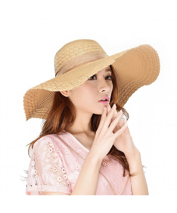 Dreamowl Wide Brim Straw Beach Sun Hats For Women Foldable Roll up Packable UV Protection - Khaki - C71820NSL7D