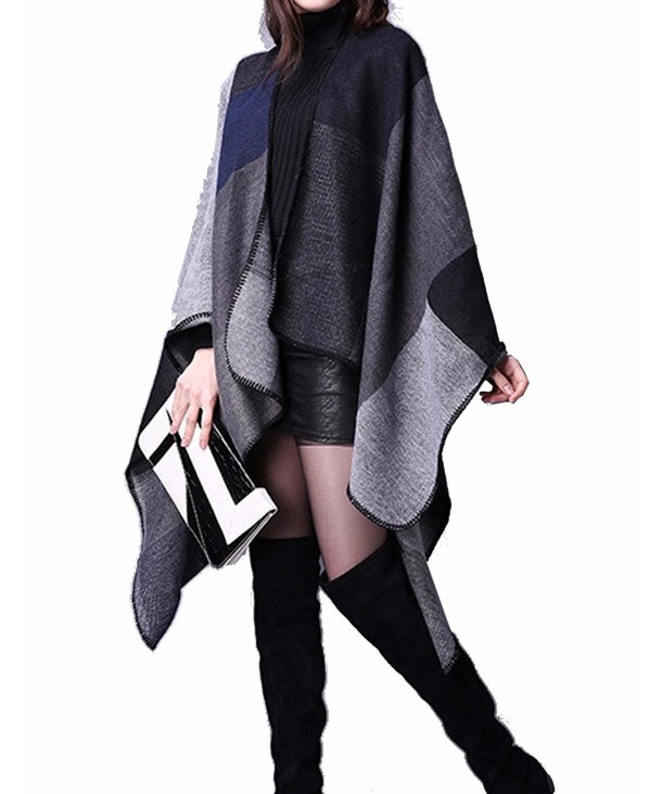 Sexyshine Women's Winter Open Front Cashmere Oversized Wrap Poncho Cape Cardigans - Black - CG18627N6Z9