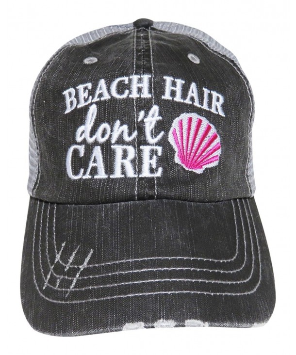 Embroidered "Beach Hair Don't Care" Distressed Look Grey Trucker Baseball Cap - Hot Pink Shell - CN12IL0QDEJ
