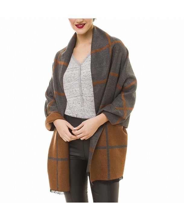 Scarf for Women Checked Plaid Reversible Soft Cashmere Feel Elegant Shawl Wrap - Gray Brown - CC189I2GM5L