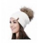 Womens Slouchy Winter Hats Knitted Beanie Caps Real Fur Pom Pom Bobble Hat - Beige - CW1855GNE4K