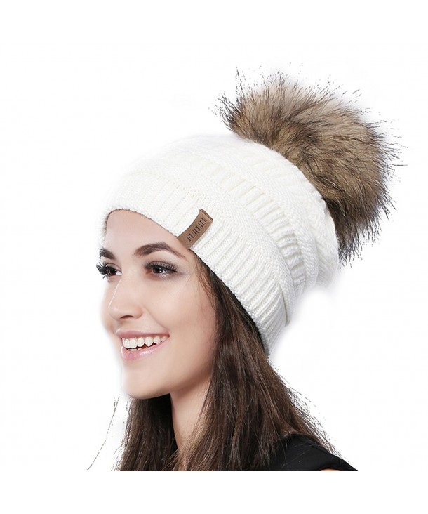 Womens Slouchy Winter Hats Knitted Beanie Caps Real Fur Pom Pom Bobble Hat - Beige - CW1855GNE4K