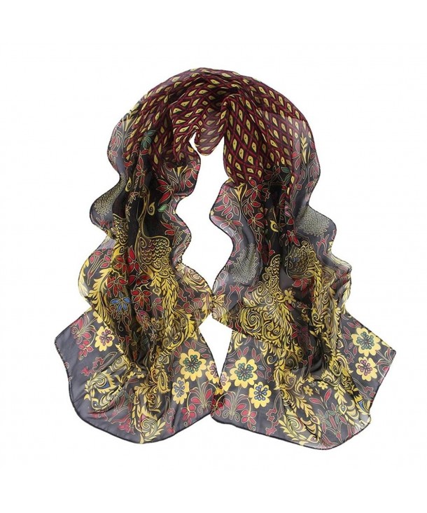 DZT1968 Women Peacock Pattern Soft Chiffon Shawl Wrap Wraps Scarf Scarves - Coffee - CZ126PEJYL7