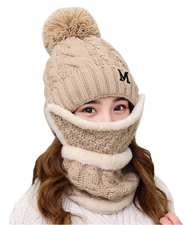 Calion Winter Knit Pom Slouchy Beanie Hat & Scarf & Mask Set For Women 3 Pieces - 13 Taupe - CH188U9XGL2