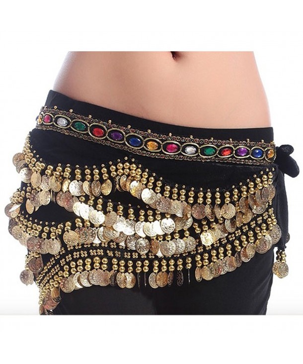 Women's Belly Dance Hip Scarf- Multi-row Silver Coin Dance Skirt with Rhinestones 310 Gold Coins - 5 - CM123F8Q17V