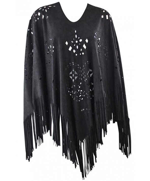 Faux Suede Poncho With Fringe - Black - CW12LWWUBJV