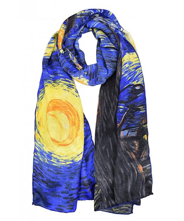Luxurious 100% Charmeuse Silk Long Scarf Hand Rolled Edge Van Gogh's "Starry Night" - CZ11OQLPXVR
