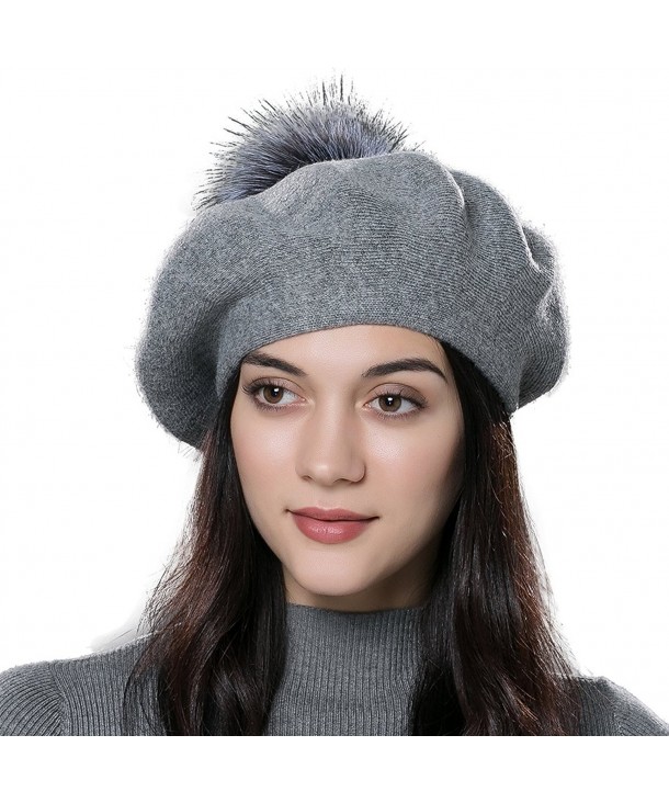 ENJOYFUR Winter Wool Beret Hat Fox Fur Pom Pom Hat Womens Knit Beanie - Dark Gray - CI17Z76NX7R
