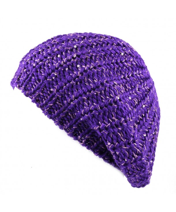 The Hat Depot 700HAT51 Women's Sequin Knit Beret One Size Tam Hat - Purple - C4127WERFK1