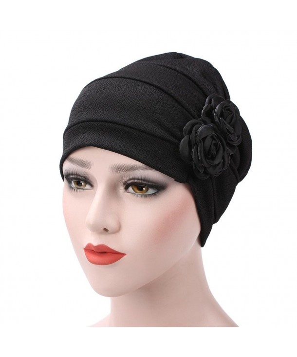 WETOO Womens Chemo Turban Hats Flower Headscarf Scarf Beanie Cap For Cancer Patient - Black - C718898KUH2