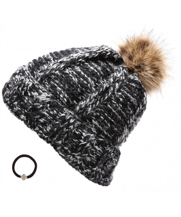 Epoch Women's Winter Mixed Two Tone Heavy Knitted Pom Pom Beanie Hat With Hair Tie. - Black - C812MX5DVJ0