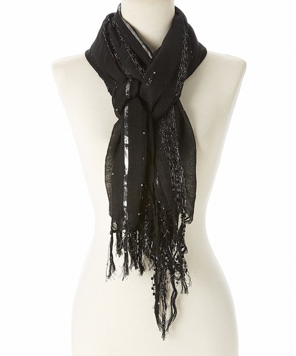 Women Lightweight Metallic Pleated Scarf Shwal Sequin Stripe Scarf Shwal with Fringes - 50 Black - CF12G4ALYMD