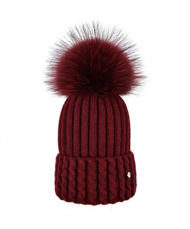 SOMALER Winter Fur Pom Pom Beanie For Women Real Fox Fur Knit Beanies For Girls Cuff Hat - Burgundy - CI186GNK60T