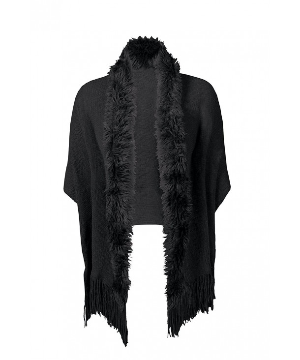 Women's Faux Fur Trimmed Shawl - Soft Knit Wrap Scarf - Black - CC187UG2Z87