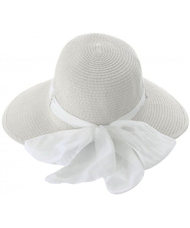 TAUT Women Summer Beach Straw Hat Sun Cap w/ Chiffon Band - White Color With White Ribbon - CC12CW7FOGP