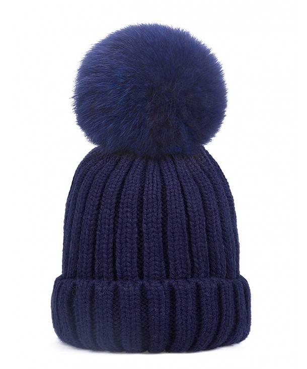 EVRFELAN Winter Pompoms Beanie Crochet - Fox Navy Blue1 - C318550DAXQ