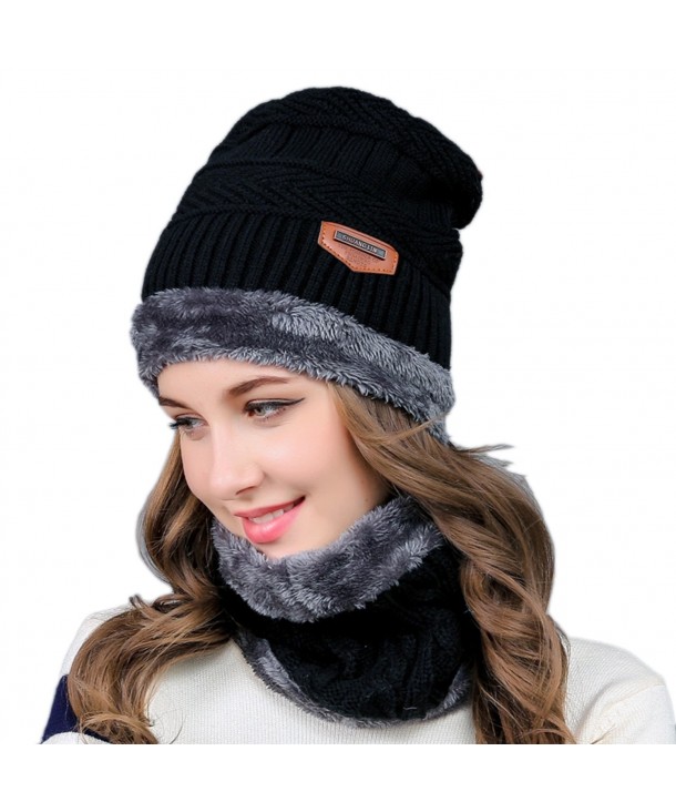 2-Pieces Winter Knit Hat and Circle Scarf with Fleece Lining- Warm Beanie Cap for Women - Black - CG186XYSLIO
