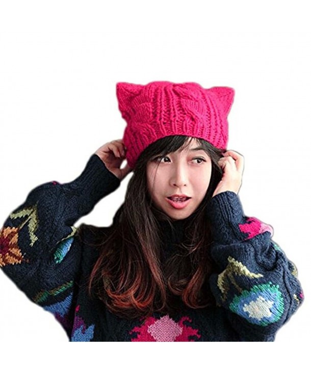 BIBITIME Knit Dog Ear Hat For Women Knitting Crochet Handmade Warmer Beanie Cap - Rose - CD187AKDY9W