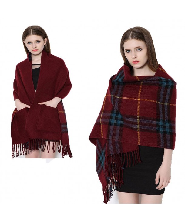 Da Ben Tai Women's Cashmere double sided fringed plaid scarf shawl with pocket - Red Wine - CQ187EDXGZA