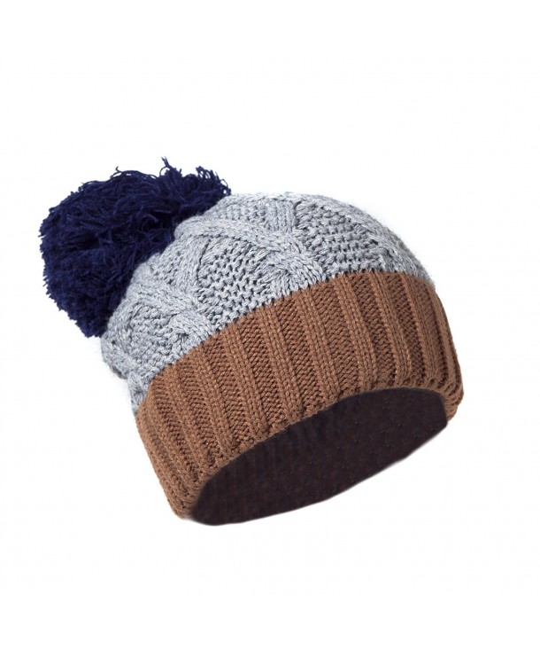 Chic Warm Chenille Ski Beanie w/Pom Pom- Vintage Color Block Cable Knit Cap - Gray with Brown and Navy - C111R1912M5