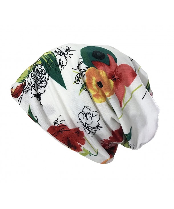 Qiabao Women's Floral Printed Chemo Cap Hat Slouchy Beanie - White/Red - C117AZ8Y5EA