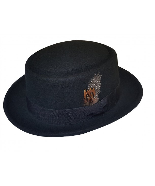 Men's 100% Soft & Crush-able Wool Felt Pork Pie Hats With Feather - Black - CE12E4R6TB5