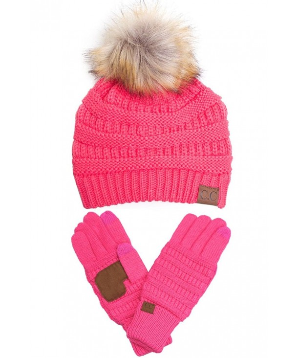ScarvesMe C.C Trendy Warm Soft Stretch Cable Knit Pom Pom Beanie and Gloves SET - New Candy Pink - CL12NYKI6BO