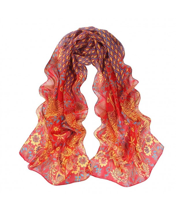 DZT1968 Women Peacock Pattern Soft Chiffon Shawl Wrap Wraps Scarf Scarves - Red - CY126PEJYLH