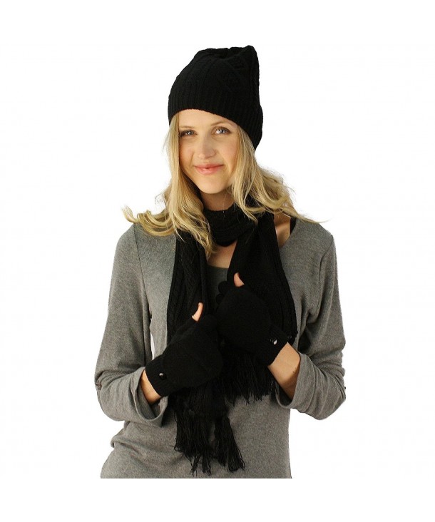 Ladies 3pc Winter Soft Knit Beanie Hat Long Scarf Flip Cover Gloves Set S/M - Black - CP11PK7T9NJ