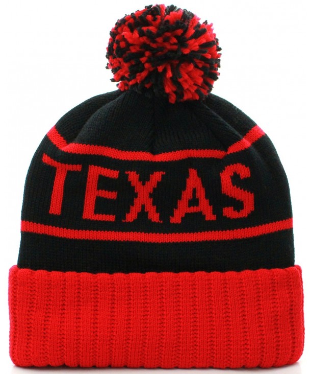 American Cities Texas Cuff Beanie Cable Knit Pom Pom Hat Cap - Black Red - CP11OMW37YF