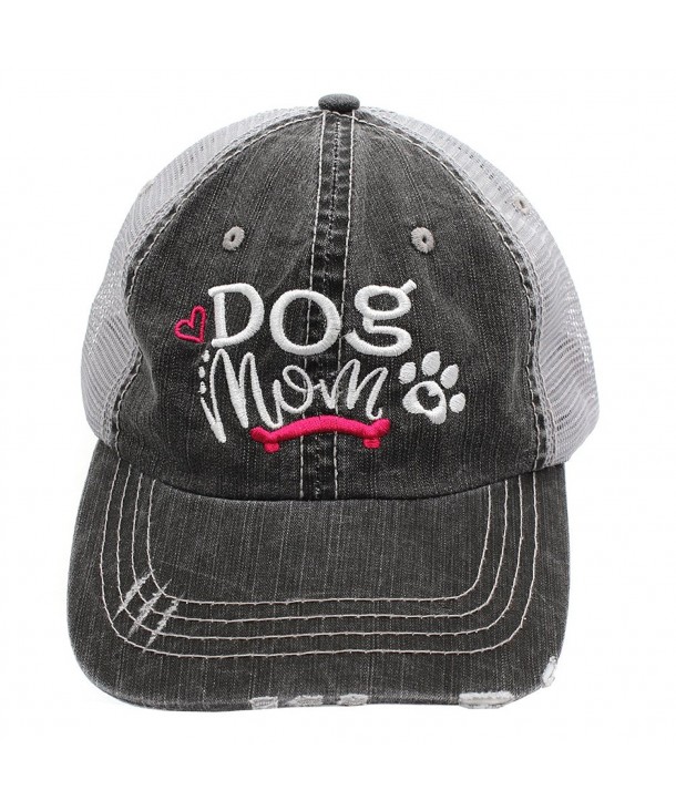 Sun Nowa Dog Mom Bone Embroidered Trucker Distressed Grey Cap Hat - Hot Pink - CJ189H47ON5