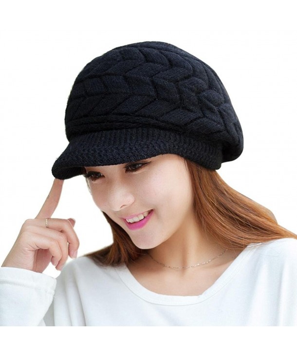 Womens Winter Warm Knitted Hats Slouchy Wool Beanie Hat Cold Weather Cap With Visor - Black - C3188N6859M
