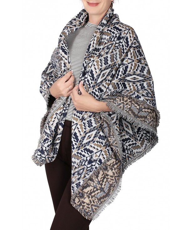 BodiLove Women's Stylish Pashminas Poncho Cape Shawl Wrap Blanket Scarf Holiday Gift - Navy Yellow - CQ186NXCGE3