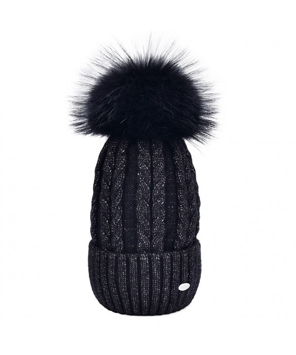 Womens Winter Beanie Hat with Real Fur Pom Pom Knit Beanies Wool Warm Ski Caps - Black - CF185QQWD2Y