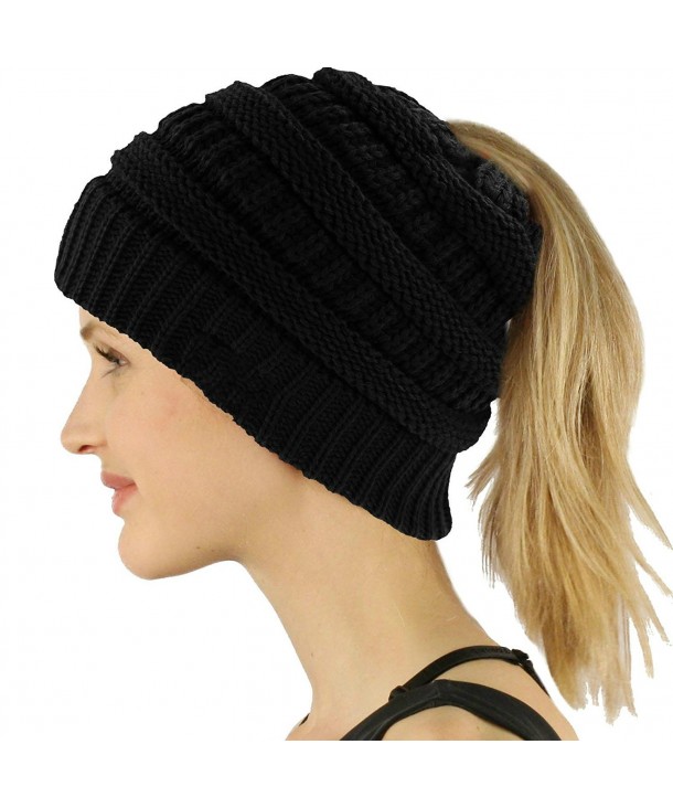 LEECCO Beanie Stretch Chunky Ponytail - Black - CT188N8L294