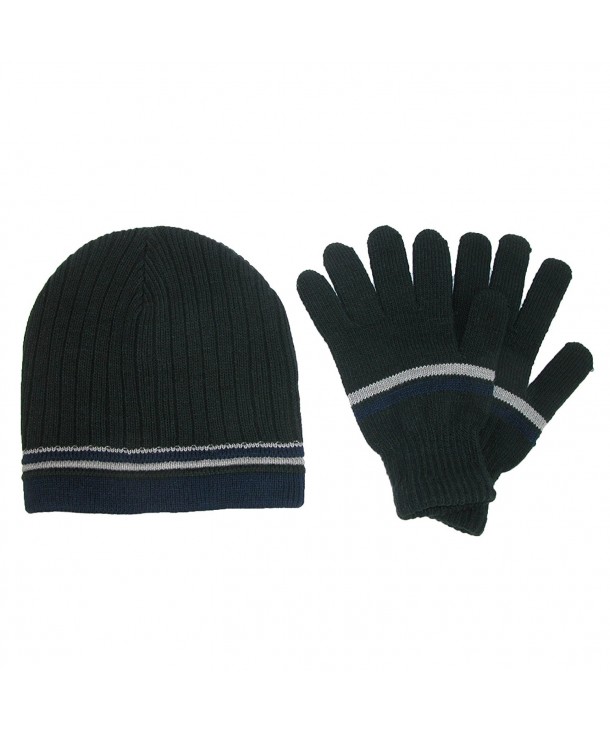 CTM Men's Knit Striped Beanie and Gloves Winter Set - Black - CF11QHEE3IP