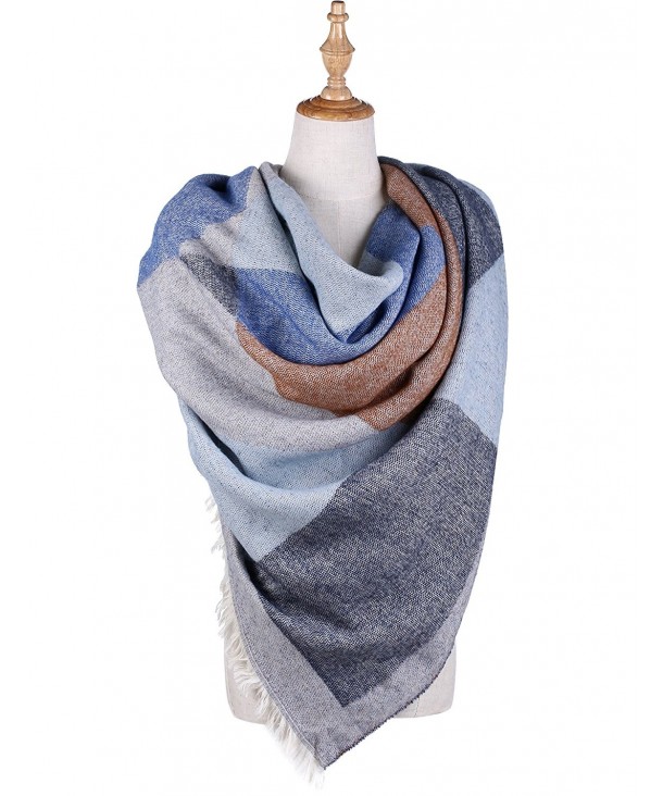 Plaid Blanket Scarf Women Big Square Long Scarves Warm Tartan Checked Shawl - B002-grey-blue and Camel Series - C0186MHE4Y5