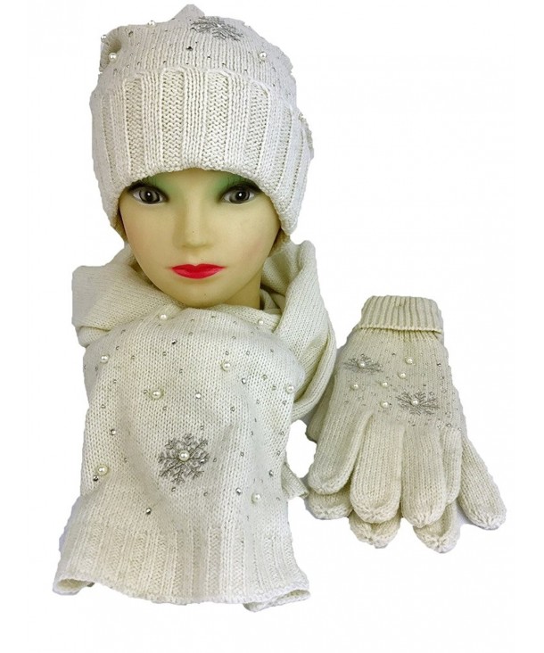 SNOWFLAKE Series Wool blended Gift Sets Hat- Glove and Scarf with Pearl Design - Beige - CC183XS20YW